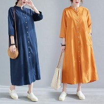 해외여자 스탠드 차이나 카라 롱 원피스 여성 박스핏 7부소매 셔츠원피스 CAQ45