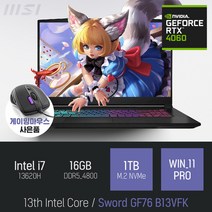 MSI Sword GF76 B13VFK 인텔 13세대 i7-13620H RTX4060 [이벤트 한정특가 / 사은품증정], WIN11 Pro, 16GB, 1TB, 코어i7, 블랙