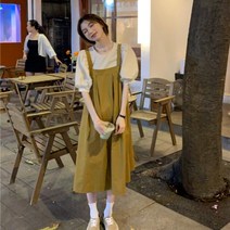 프렌치 빈티지 멜빵 원피스 여 봄 미니멀 스커트 하이웨이스트 a라인 미디치마