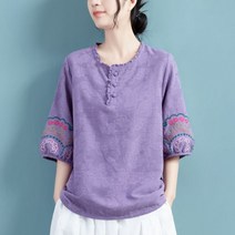 여름 여성 티셔츠 7부소매 오버핏 빅사이즈 라운드 배색 자수 퍼프 블라우스 상의 M~4XL 5컬러 A21