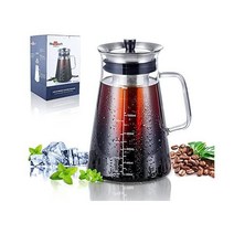 Aquach 기밀 콜드 브루 아이스 커피 메이커 34oz/1L BPA 없음 이중 미세 메쉬 탈착식 필터가 있는 두꺼운 붕규산 유리 물병 식기세척기 안전 방청 5컵 용량, 34온스, 스타일 1