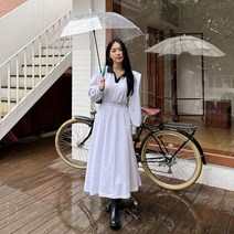 쉐얼유 여성 세라 배색 카라 퍼프 롱원피스