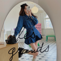봄 하이틴 데님 자켓 플리츠 청스커트 투피스 세트
