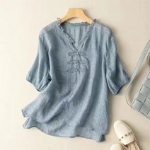 린넨 5부 티셔츠 상의 여름 반바지 루즈핏 퍼프 반팔 상의 블라우스 티셔츠