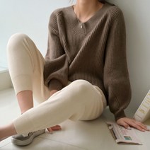 데일리앤 모엘즈 여성 브이넥 벌룬소매 루즈핏 니트