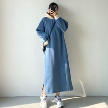 해피유통 여성 빅사이즈 루즈핏 롱기장 무지 후드 원피스