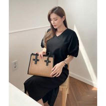 플랜데이 여성 린넨 브이넥 버튼디자인 퍼프소매 원피스