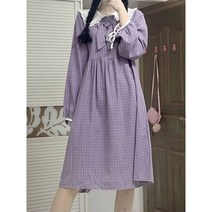 빅카라 원피스 귀여운 체크 퍼플 드레스 여성 프레피룩 스타일 피터팬 카라 봄