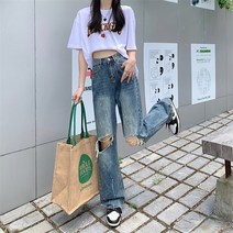 청바지뉴하이 웨스트 찢어진 와이드 레그 팬츠 여성용 맞춤형 청바지 패션 핫걸 스타일 걸레질 가을 2