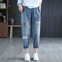 예담 레이스 꽃 자수 플라워 배기핏 밴딩 봄 여름 청바지 빅사이즈 77사이즈모델