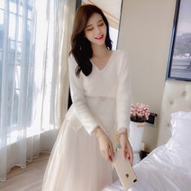 롱 레드 투피스형 원피스헤르본풍 v넥
