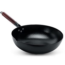 주물화목난로 Carbon Steel Wok Pan 32cm Stir Fry Set with Wooden Lid Non-Stick Flat Bottom Frying for, 01 wok_01 32cm