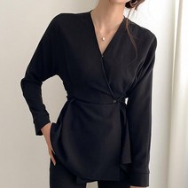 브이넥 노카라 허리스트링 페미닌 랩블라우스 2COLOR