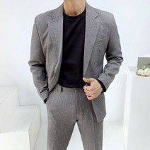 S-3XL 남자 가을 겨울 울 보카시 체크 자켓 뒷밴딩 슬랙스 세미캐주얼 수트 정장 세트