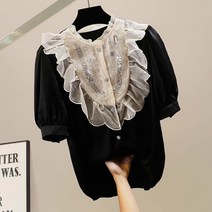 중공업 핸드메이드 비즈 프릴 패치 하이넥 반팔 새틴 셔츠 트렌디한 디자인 감각 기질 블라우스
