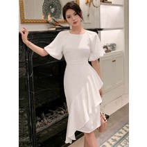 솔리드 퍼프 슬리브 프릴 비대칭 아랫단 드레스