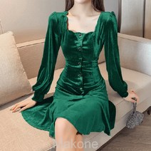 Makone긴팔 원피스 롱 원피스 쇼트 원피스 플라워 원피스 네모난 블랙 벨벳 원피스 가을 겨울 긴팔 2021