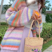 무지개 줄무늬 앙고라 니트 가디건 루즈한 분위기의 한가한 스타일 외투 가을겨울 스웨터 외투 여성용