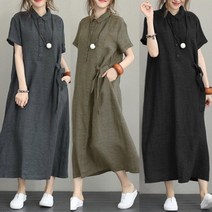 봄 여름 린넨 카라 롱 원피스 여름 치마 빅사이즈 린넨 루즈핏 퍼프 반팔 롱원피스 여성 돌잔치엄마 베 하객룩 휴양지원피스
