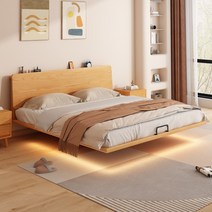 led 퀸침대 신혼침대 Bailuosi 현대적인 미니멀리스트 작은 아파트 레드 오크 단단한 나무 정지 침대 그물 저장 침대와 빨간색 유도 램프, [16] 침대 옆 탁자, [01] 1500mmx2000mm, [01] 지원 구조
