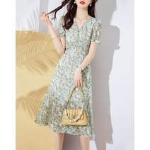 라이트그린 플라워 브이넥 여름 쉬폰 원피스