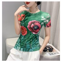 미미투 BT1819 여성 그린플라워 스판쫄티 타이트핏 여름 반팔티셔츠 꽃무늬