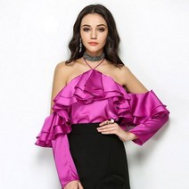 프릴 블라우스 새틴블라우스 여성 새틴 슬래시 넥 셔츠 솔리드 백리스 레이디스 홀터 풀 슬리브