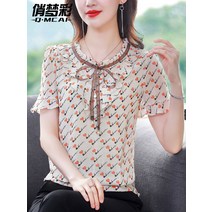 플라워프릴블라우스 플블라우스 반팔 2022 년 여름옷 상의 프린트 티 숏 허리보정 트렌드 미시셔츠 4788431222