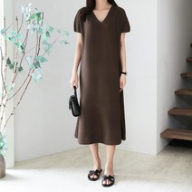 옷자락 여자 클래식 브이넥 홀가먼트 린넨 반팔 롱원피스
