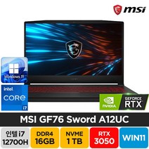 MSI Sword GF76 A12UC RTX3050 17인치 윈도우11 블랙 배그 롤 기업 주식 고성능 가성비 노트북, WIN11 Pro, 16GB, 1TB, 코어i7