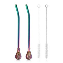 탈착식 스테인리스 스틸 빨대 필터 스푼 2개 클리닝 브러시 Yerba Mate 봄빌라 빨대 재사용 가능한 금속 칵테일 젓개 느슨한 차 아이스 커피 무지개 음료를 위한, Rainbow