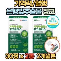 뇌 영양제 징코 기억력 혈행 은행잎추출물 30정 150mg 두뇌 건강 비타민 B1 B2 B6 아연 부모님 수험생 건강기능식품, 2개