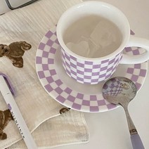 홈 가정용카페 그린체크 머그컵 체커 머그 보드 그린, 퍼플 바둑판 격자무늬 접시 세트