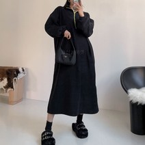 배색 반집업 아노락 루즈핏 후리스 롱원피스