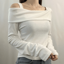 헤이즐 원오프숄더 스퀘어넥 스탠다드핏 랩 긴팔 티셔츠 (3 color)