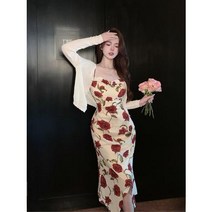 복고풍 슬링 원피스 드레스 빨간 꽃 장미