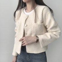 리리의감각 여성 보석단추 크롭 겨울 양털 트위드 자켓