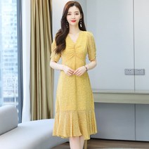 여성용 원피스 롱 브이넥 반팔 캐주얼 쉬폰 여름-dg522