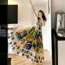 F Sanya 여행복 의류 프린트 프렌치 드레스 여름 슬림 슈퍼 페어리 드레스 해변 휴가 비치 드레스