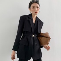 새로운 봄 여성 솔리드 컬러 캐주얼 조절 허리 자켓 코트 느슨한 거리 긴 소매 OL 정장 벨트 | 자켓 |