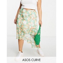아소스 디자인 Curve 러플 셔링 주름 미디 스커트 치마 in peach abstract 플로럴 꽃무늬 113259