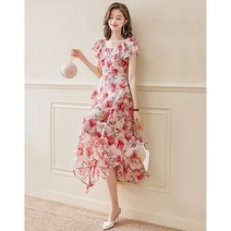 발목까지 오는 여름 원피스 롱 스커트 발목 하이 롱 섹션 여름 신작 쉬폰 꽃무늬 원피스 여성 여름 프렌치 허리 기장 스커트 페어리 플라워 칼라 S