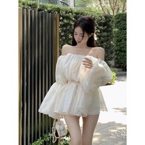 오프숄더 블라우스 셔링 볼륨소매 청순 허리밴딩 아코