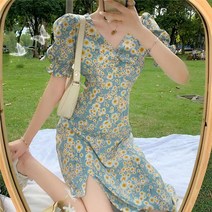 망고베이비 퍼프소매 허리 라인 슬림 플라워 쉬폰 원피스