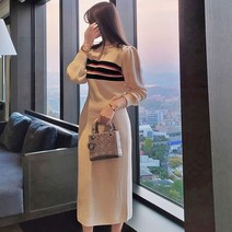 가을니트원피스 캐쥬얼 슬림 롱 배색 스트라이프 스웨터 3642695877