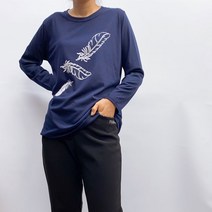 엄마옷 빅사이즈 아줌마옷 깃털 프린트 면 스판 데일리 긴팔 티셔츠