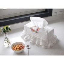 고급 화이트 캉캉프릴 레이스 자수 티슈케이스 4종 각티슈 자수커버장식, 하트