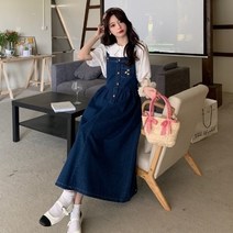 데님 원피스 봄 여름 큰 사이즈 여성 서스펜더 스커트 뚱뚱한 소녀 기질 나이 감소 인형 셔츠 투피스 세트 중간 길이 슈트