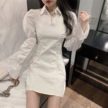 퐁순싸롱 카라 셔츠 슬림 스트링 리본 면 퍼프 미니 원피스 SY