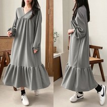 가을 오버핏 빅사이즈 밑단 플레어 러플 머메이드 캉캉원피스 V넥 쭈리 긴팔 랩셔링원피스